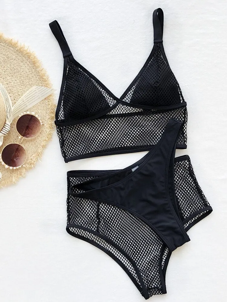 2022 New Sexy Mesh Three Pieces Bikini Set Brazilian Swimwear Women Swimsuit Female Bikini Bathers Bathing Suit Summer Beachwear