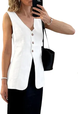 2025 Summer Women's Linen Vest Tops Lightweight Breathable Long Fashion V-Neck Fully-Lined Work Casual Vest Pockets