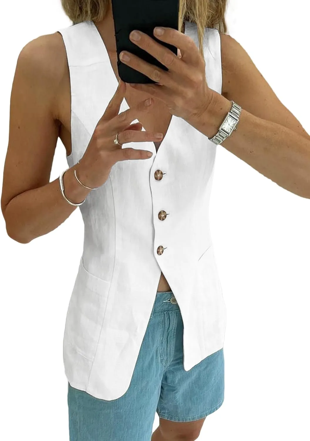 2025 Summer Women's Linen Vest Tops Lightweight Breathable Long Fashion V-Neck Fully-Lined Work Casual Vest Pockets