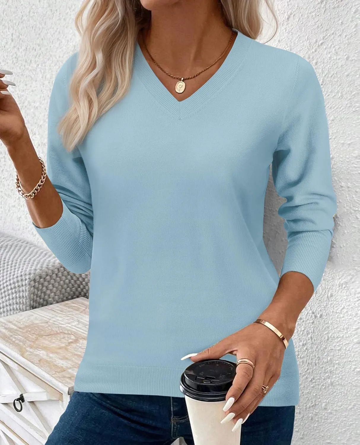 2025 Women's Sweaters Knitted Ribbed Casual Thin Long Sleeve Pullover V Neck Lightweight Sweatshirts Cute Blouse Tops