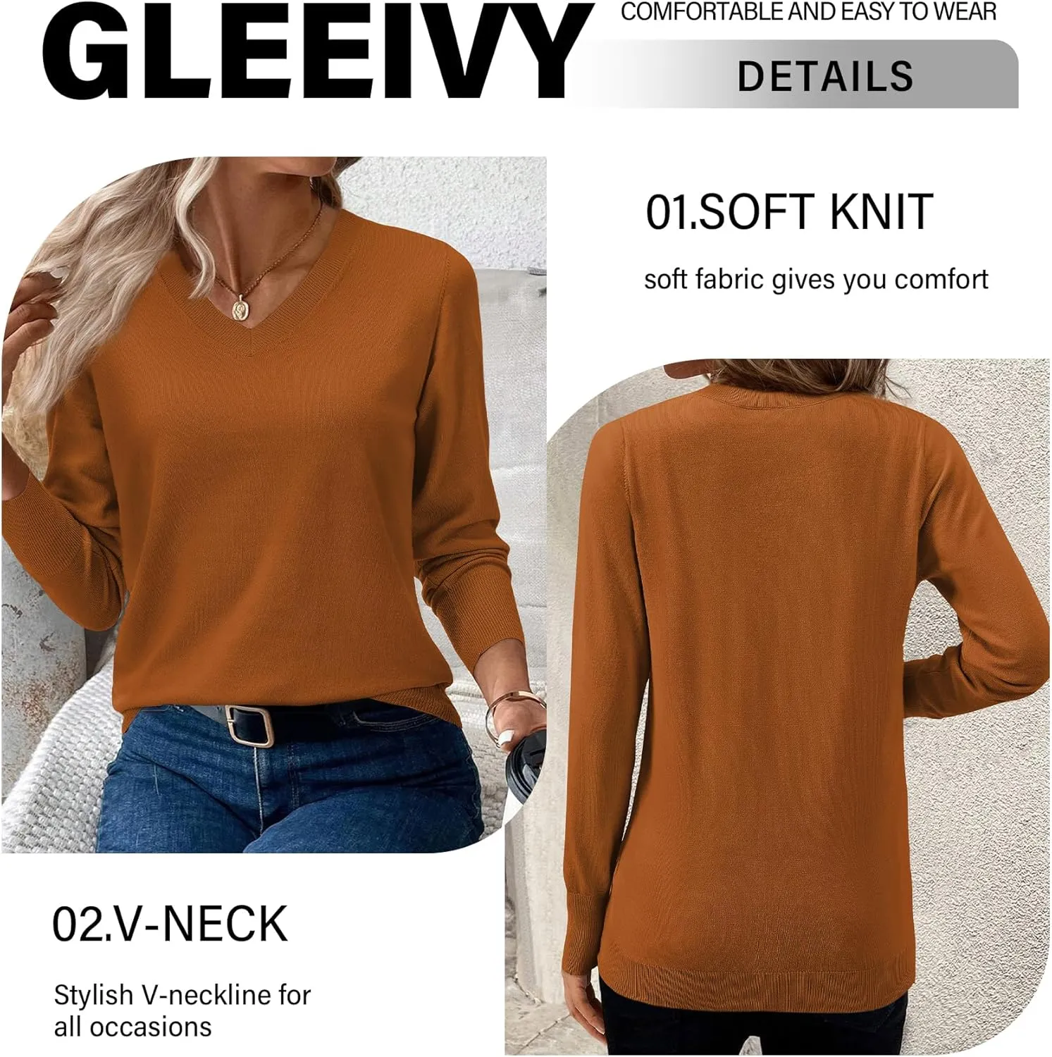 2025 Women's Sweaters Knitted Ribbed Casual Thin Long Sleeve Pullover V Neck Lightweight Sweatshirts Cute Blouse Tops