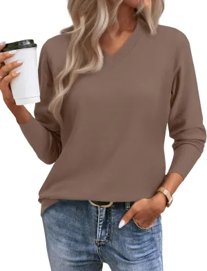 2025 Women's Sweaters Knitted Ribbed Casual Thin Long Sleeve Pullover V Neck Lightweight Sweatshirts Cute Blouse Tops