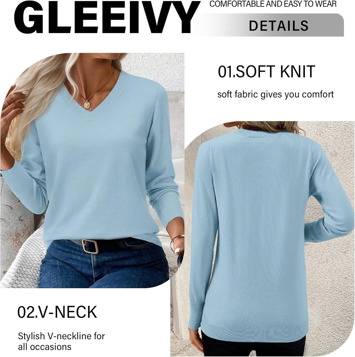 2025 Women's Sweaters Knitted Ribbed Casual Thin Long Sleeve Pullover V Neck Lightweight Sweatshirts Cute Blouse Tops