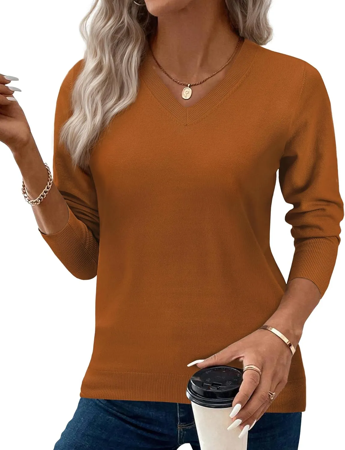 2025 Women's Sweaters Knitted Ribbed Casual Thin Long Sleeve Pullover V Neck Lightweight Sweatshirts Cute Blouse Tops