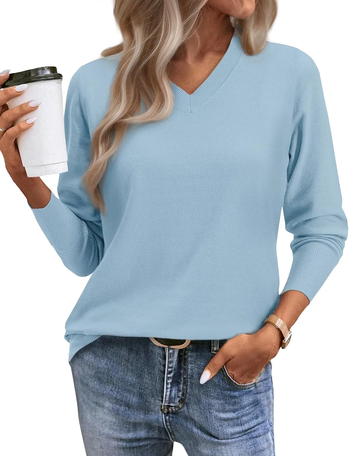 2025 Women's Sweaters Knitted Ribbed Casual Thin Long Sleeve Pullover V Neck Lightweight Sweatshirts Cute Blouse Tops