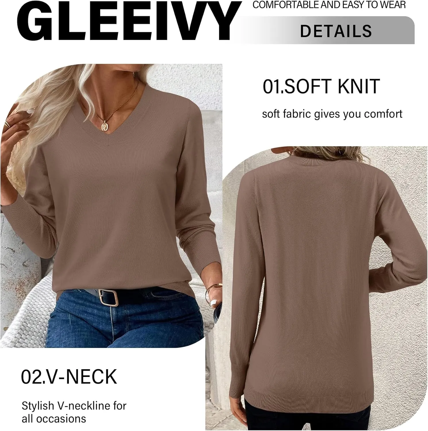 2025 Women's Sweaters Knitted Ribbed Casual Thin Long Sleeve Pullover V Neck Lightweight Sweatshirts Cute Blouse Tops