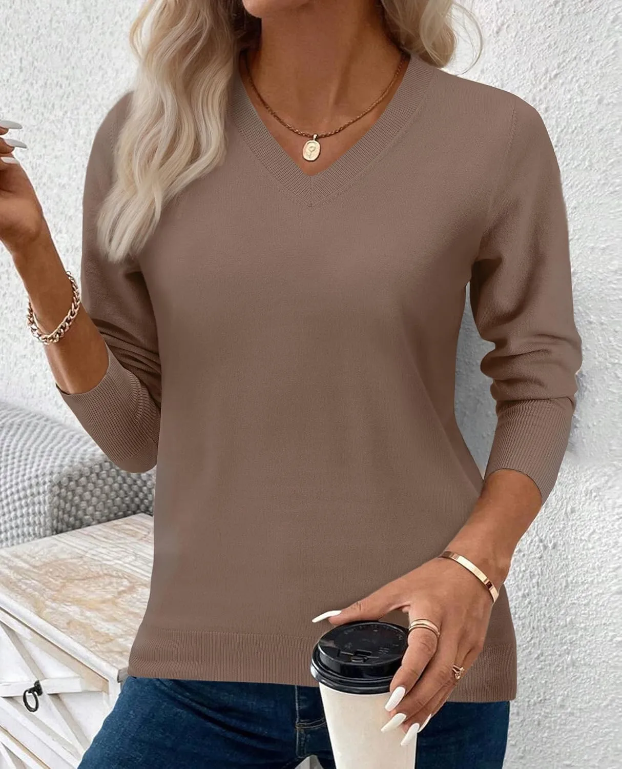 2025 Women's Sweaters Knitted Ribbed Casual Thin Long Sleeve Pullover V Neck Lightweight Sweatshirts Cute Blouse Tops