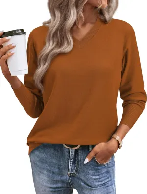 2025 Women's Sweaters Knitted Ribbed Casual Thin Long Sleeve Pullover V Neck Lightweight Sweatshirts Cute Blouse Tops
