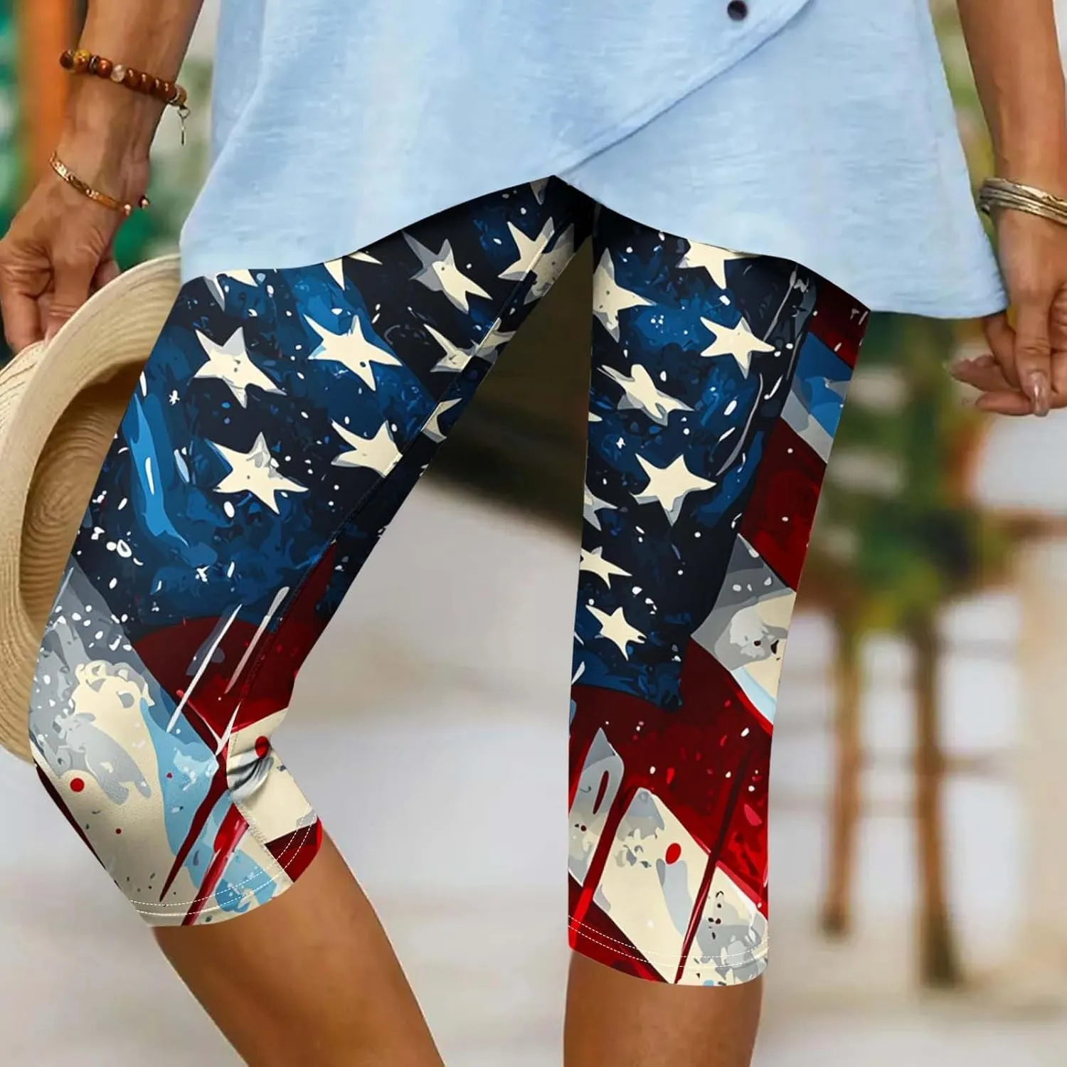 4th of July Capri Leggings for Women Plus Size Summer High Waist American Flag Yoga Pants Patriotic Cropped Trousers