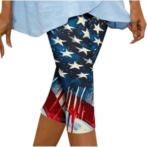 4th of July Capri Leggings for Women Plus Size Summer High Waist American Flag Yoga Pants Patriotic Cropped Trousers