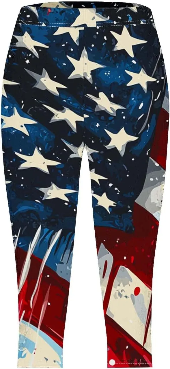 4th of July Capri Leggings for Women Plus Size Summer High Waist American Flag Yoga Pants Patriotic Cropped Trousers