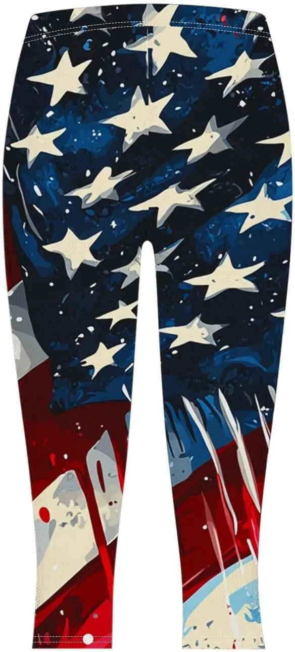 4th of July Capri Leggings for Women Plus Size Summer High Waist American Flag Yoga Pants Patriotic Cropped Trousers