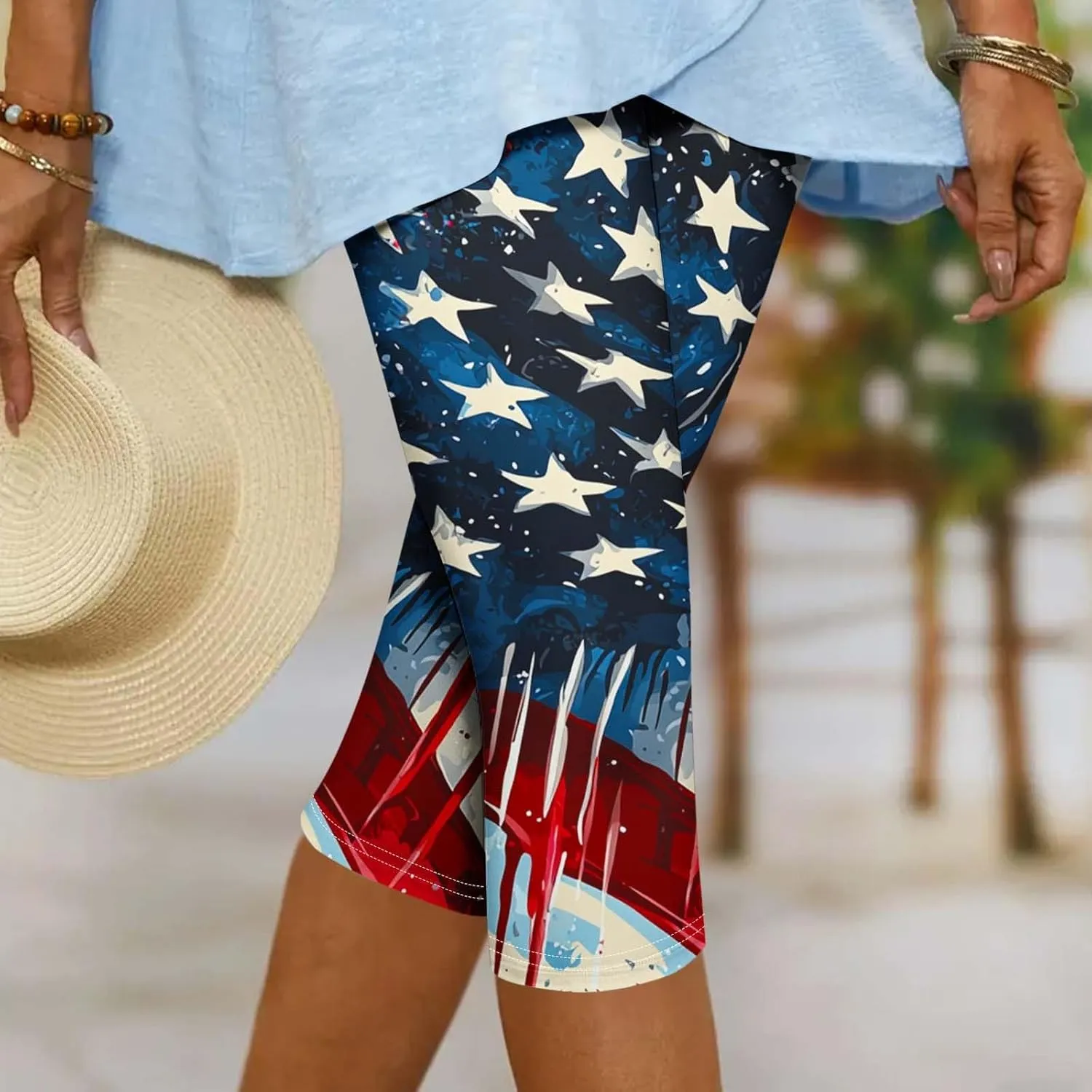 4th of July Capri Leggings for Women Plus Size Summer High Waist American Flag Yoga Pants Patriotic Cropped Trousers