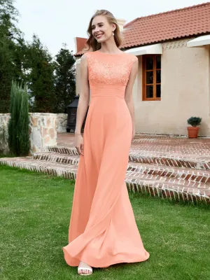 A-Line Chiffon Dress with Illusion Neckline Coral