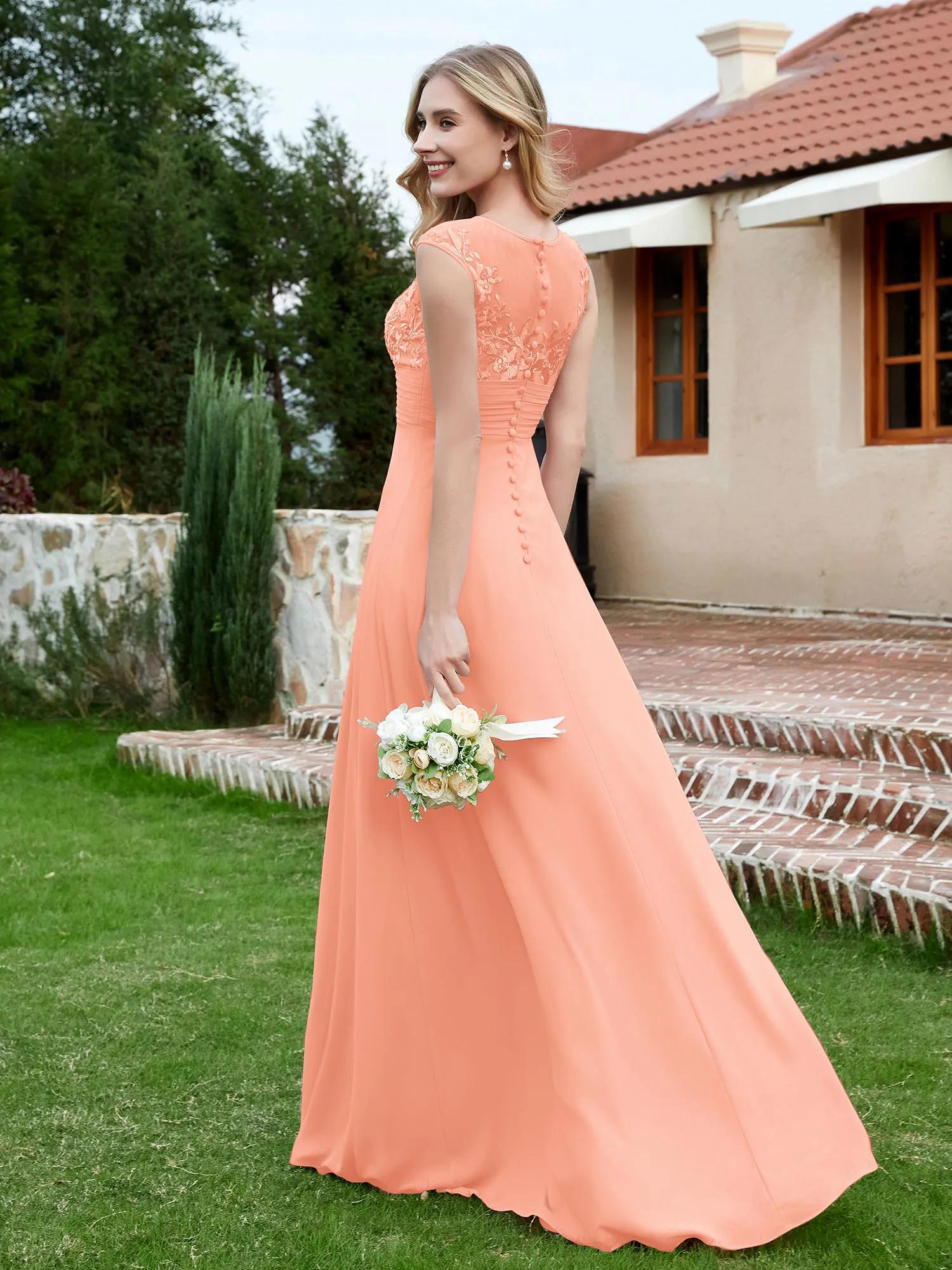A-Line Chiffon Dress with Illusion Neckline Coral