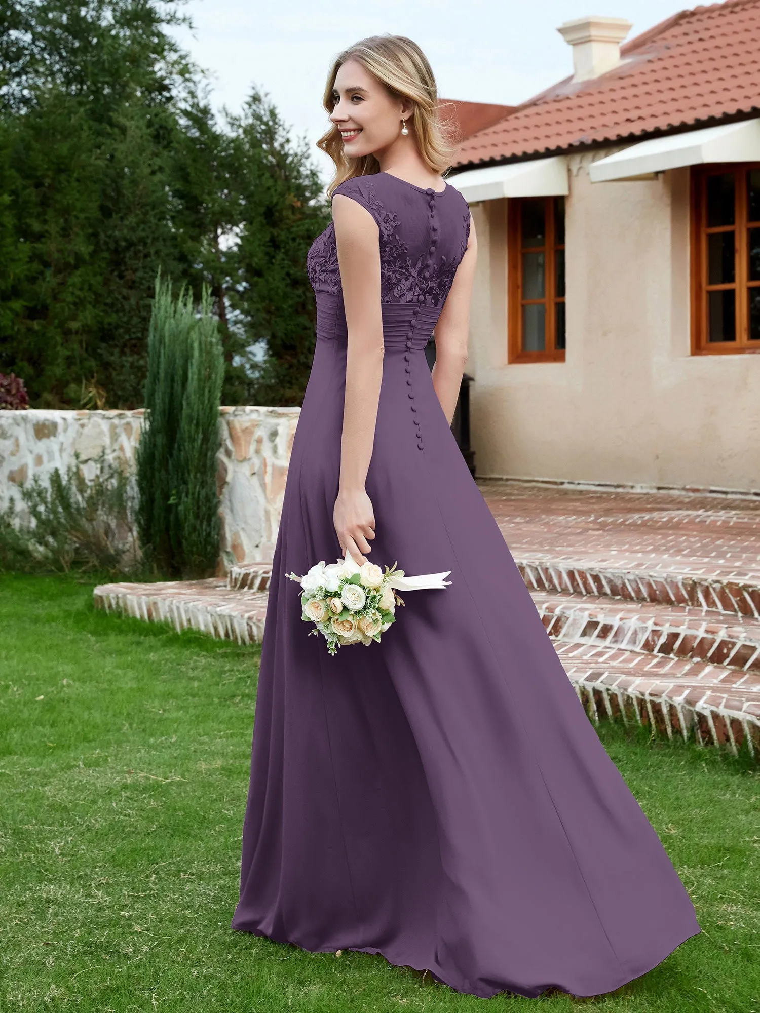 A-Line Chiffon Dress with Illusion Neckline Plum Plus Size