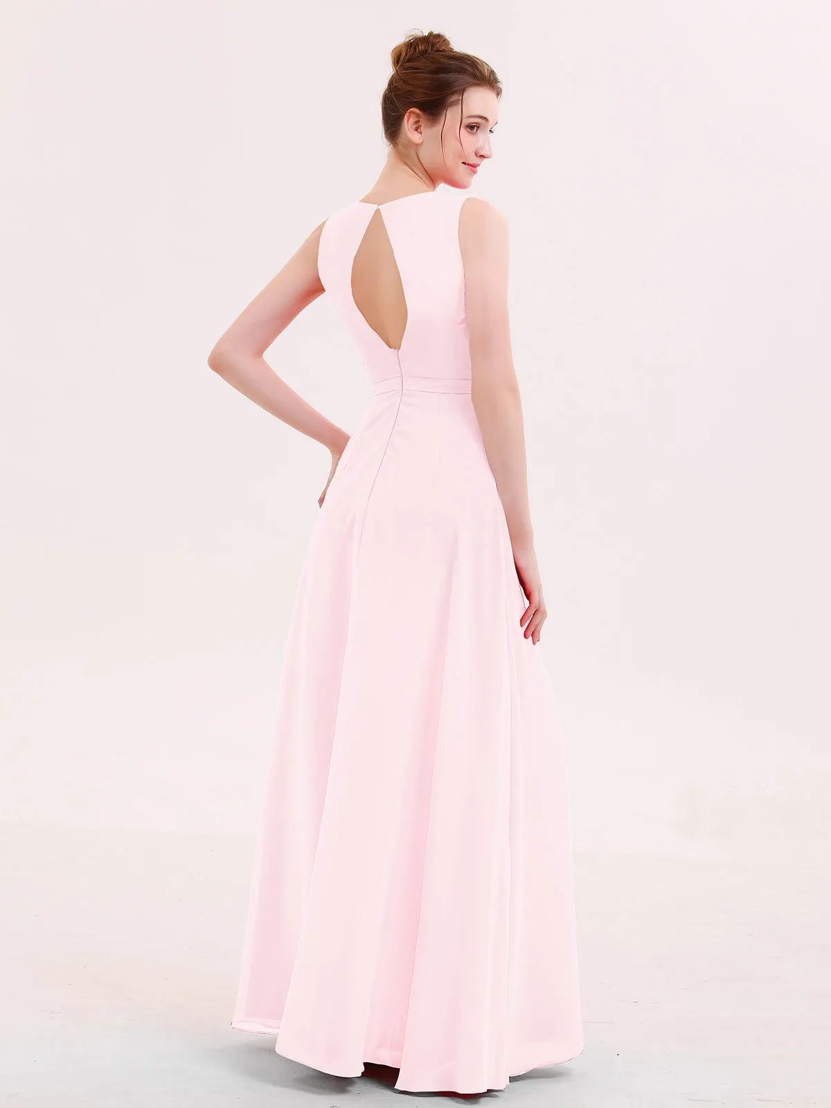 A-line Chiffon Open Back Dress With V-Neck Blushing Pink
