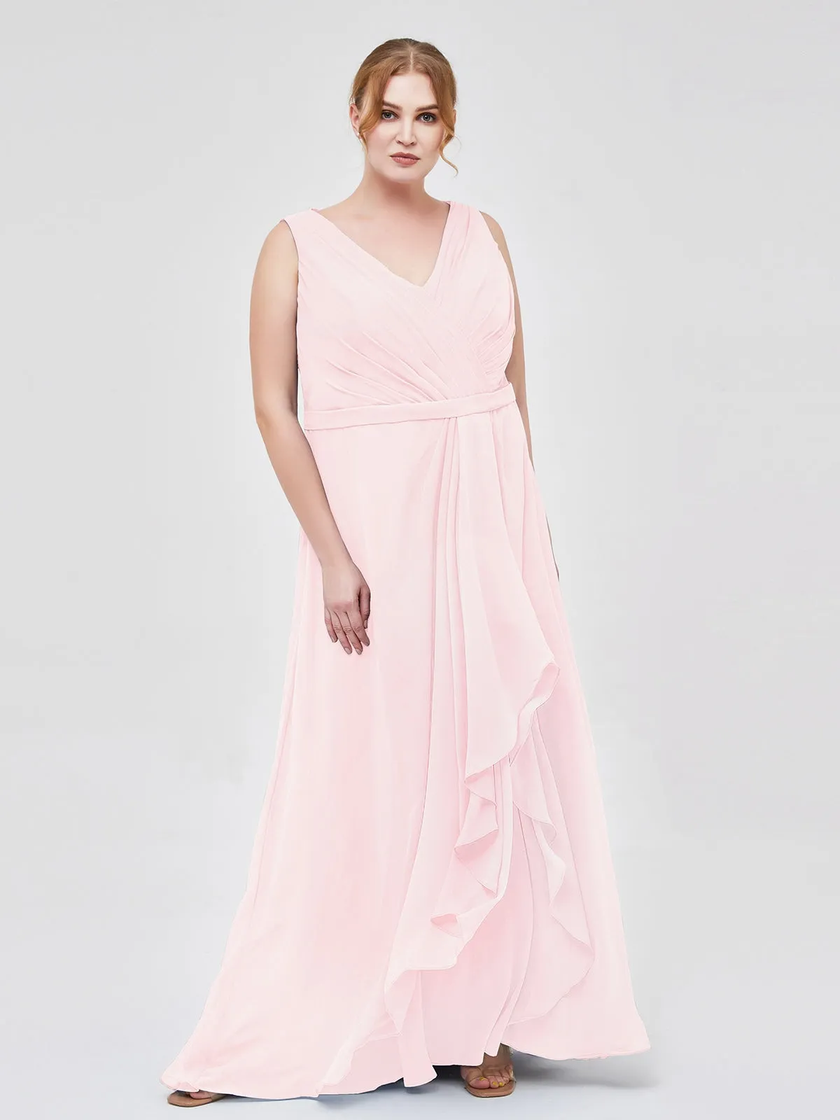 A-line Chiffon Open Back Dress With V-Neck Blushing Pink