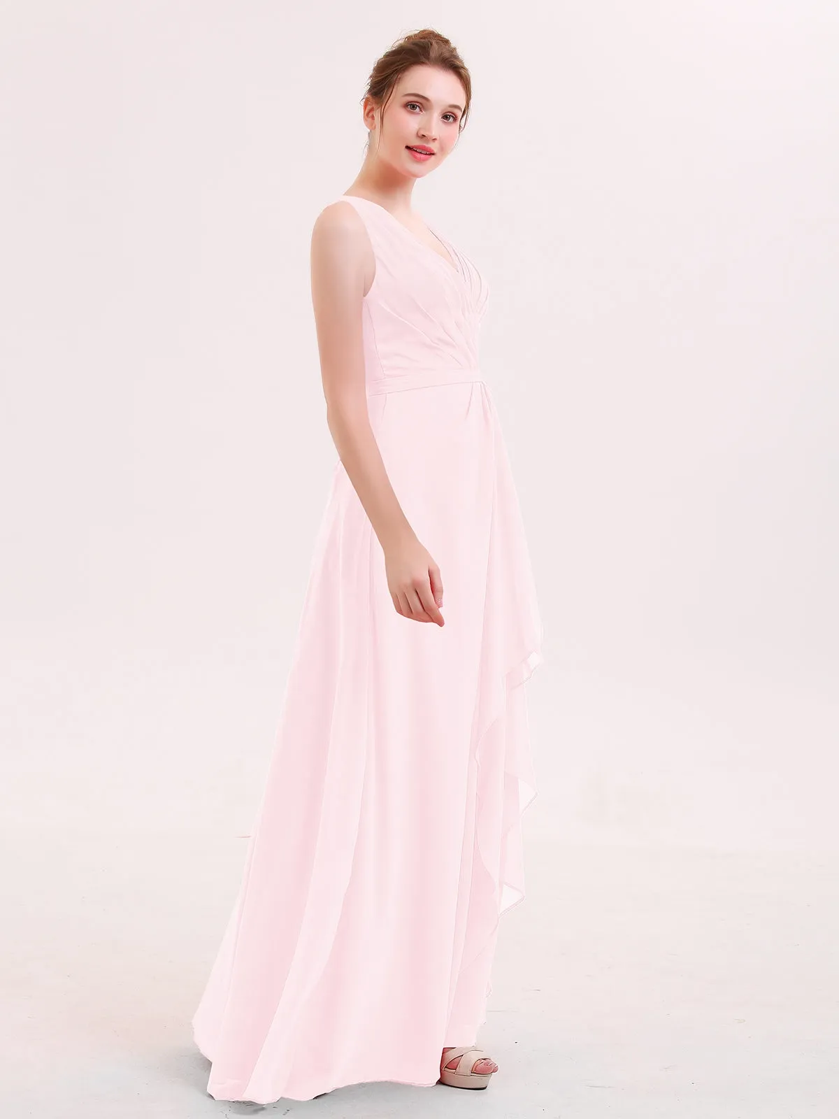 A-line Chiffon Open Back Dress With V-Neck Blushing Pink