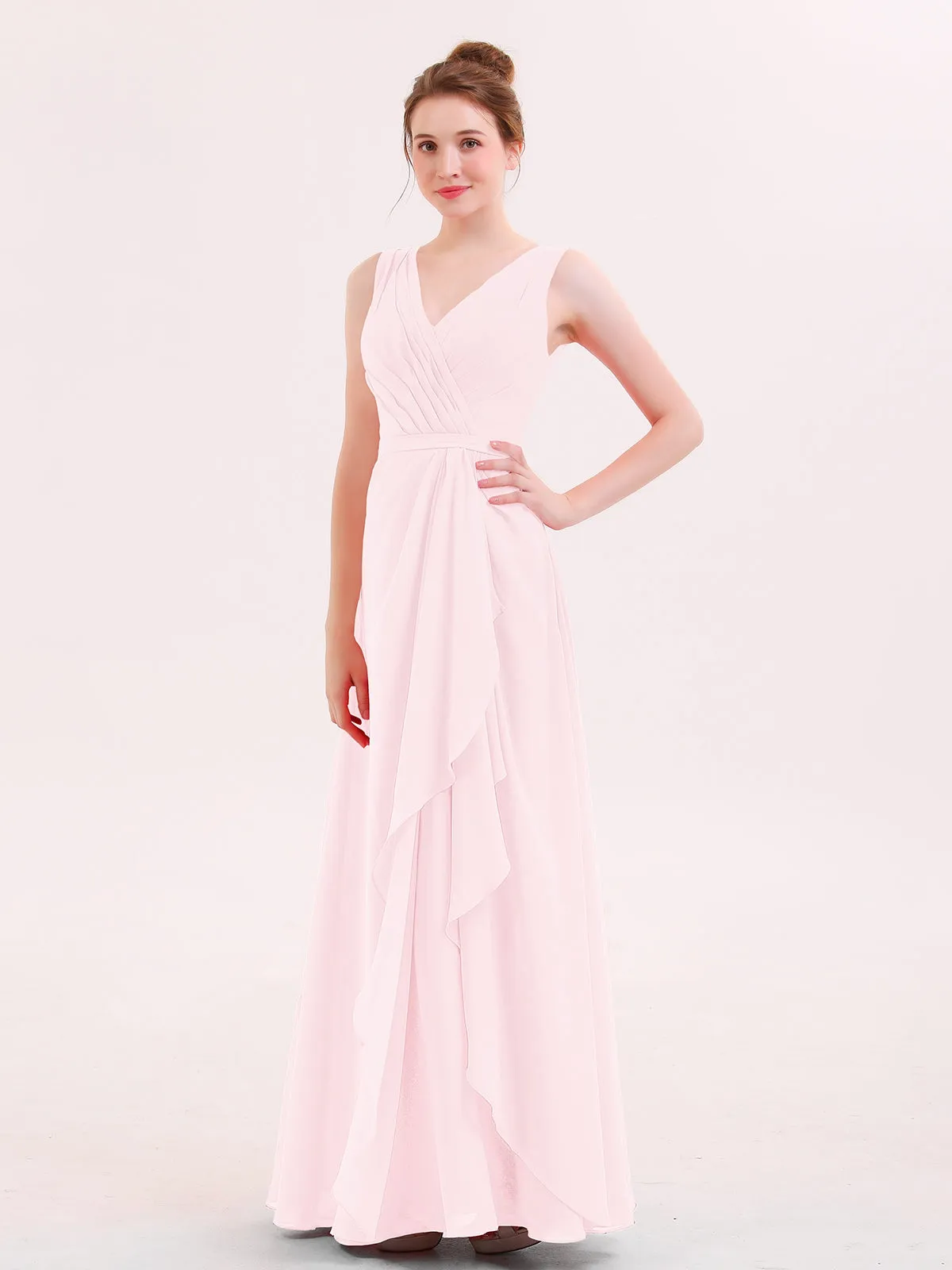 A-line Chiffon Open Back Dress With V-Neck Blushing Pink