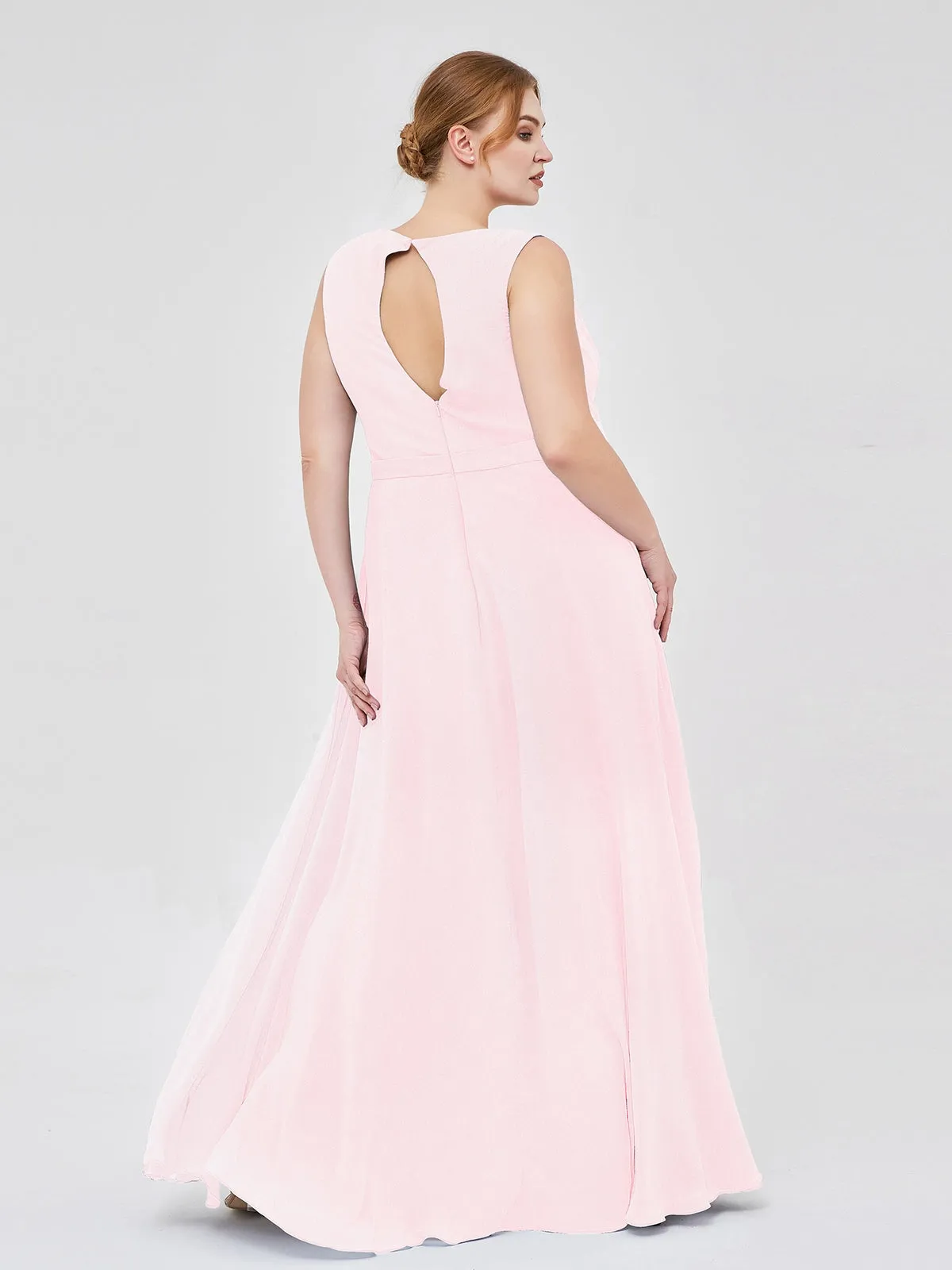 A-line Chiffon Open Back Dress With V-Neck Blushing Pink