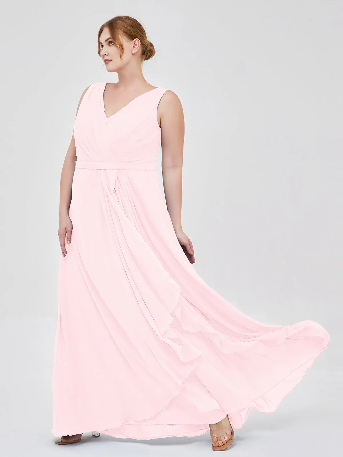 A-line Chiffon Open Back Dress With V-Neck Blushing Pink