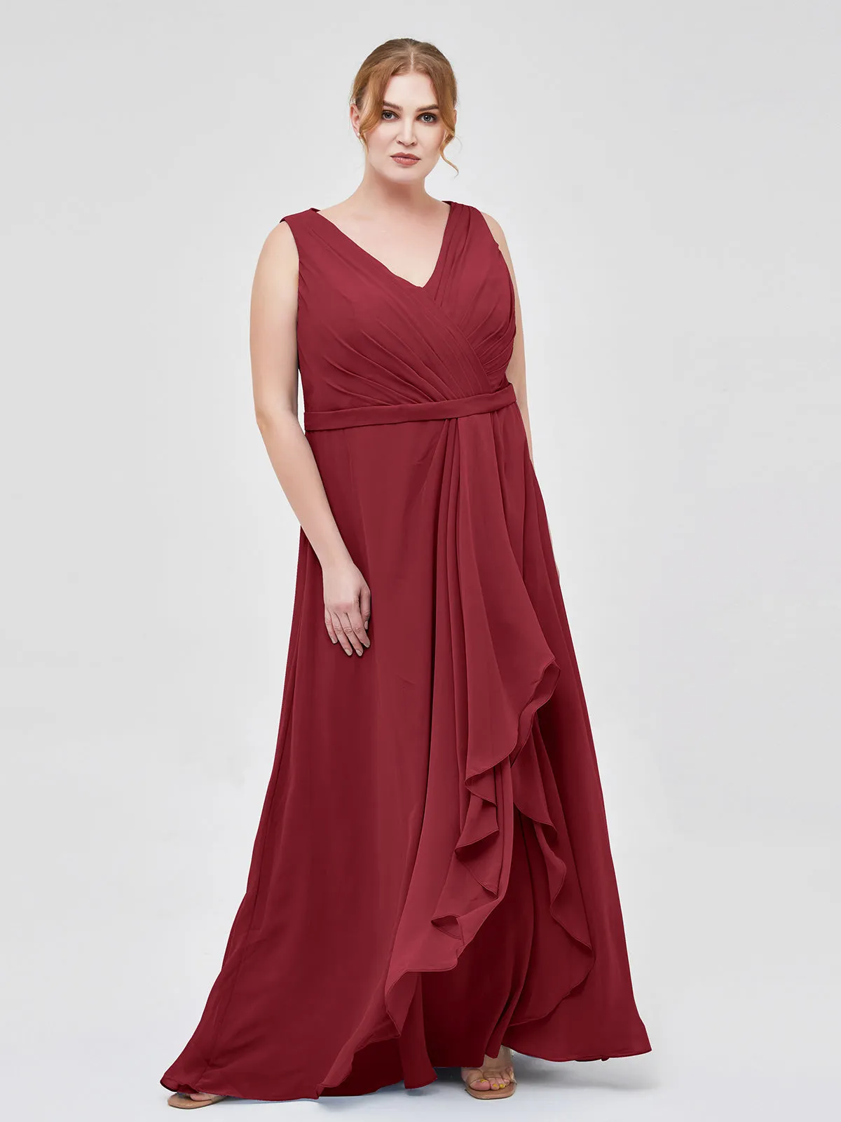 A-line Chiffon Open Back Dress With V-Neck Burgundy