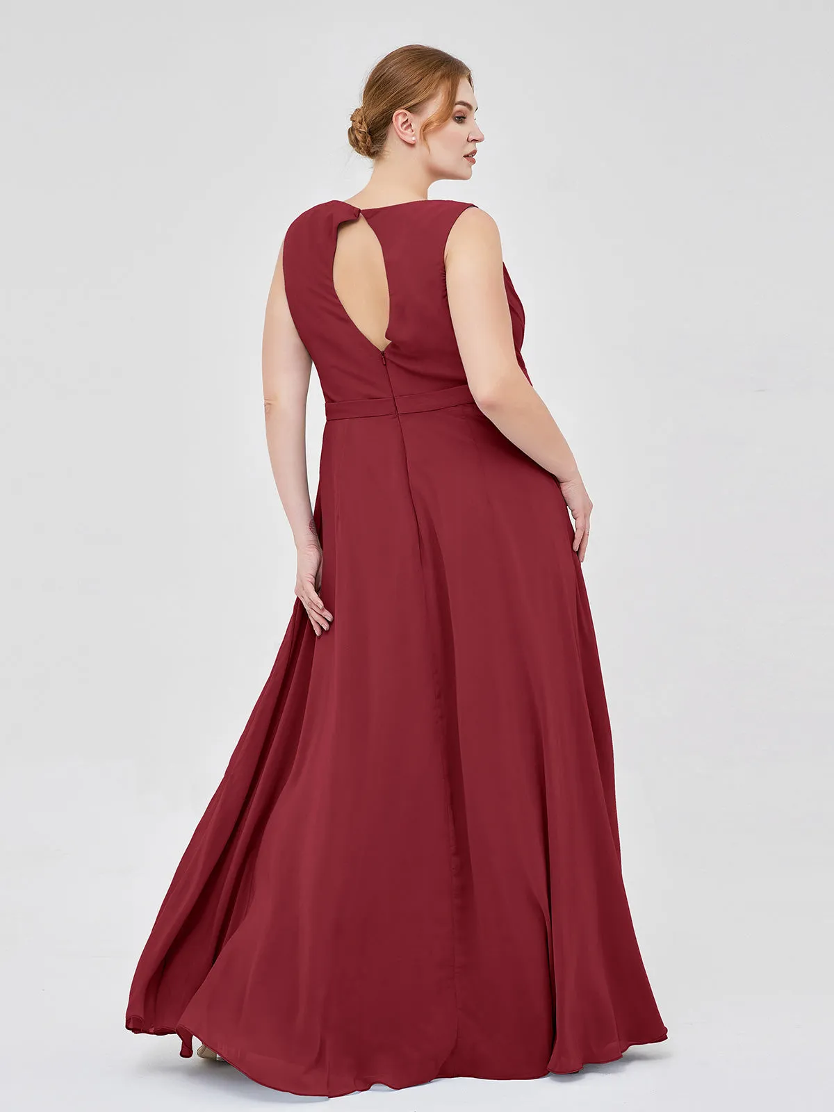 A-line Chiffon Open Back Dress With V-Neck Burgundy