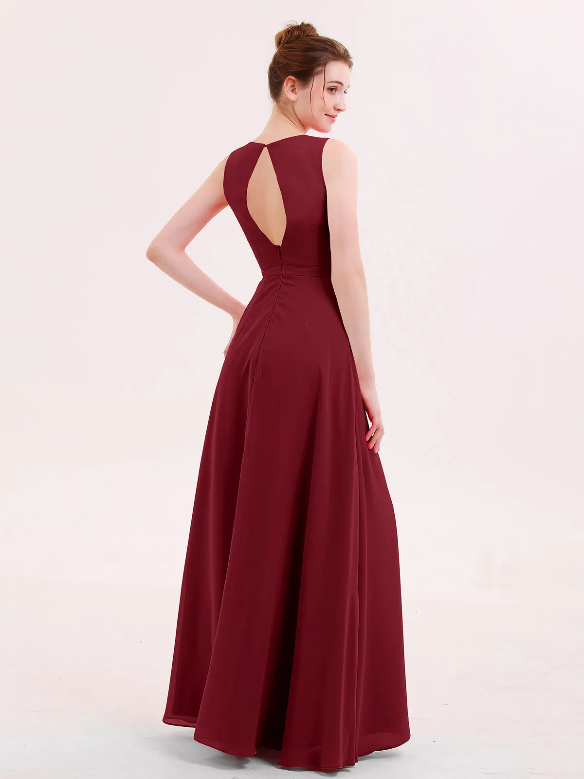 A-line Chiffon Open Back Dress With V-Neck Burgundy