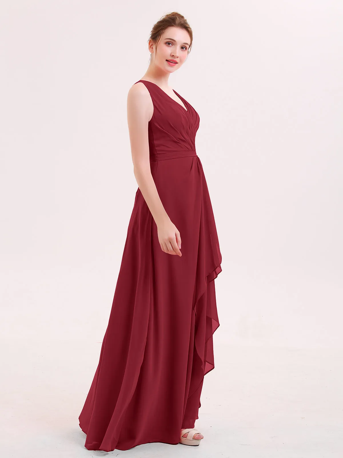 A-line Chiffon Open Back Dress With V-Neck Burgundy