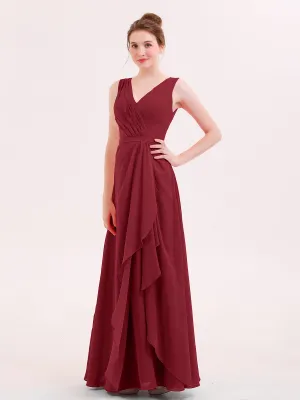 A-line Chiffon Open Back Dress With V-Neck Burgundy