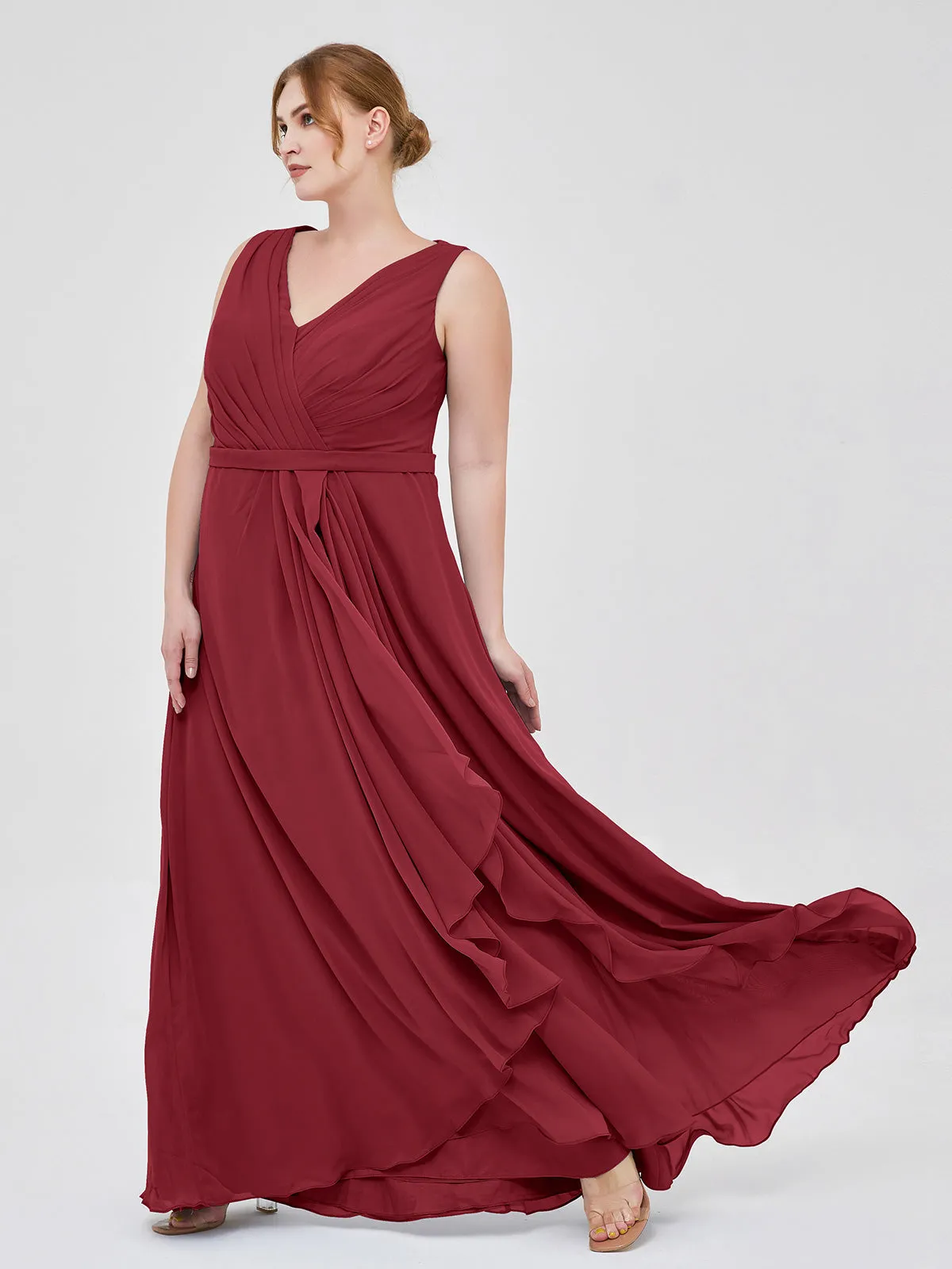 A-line Chiffon Open Back Dress With V-Neck Burgundy