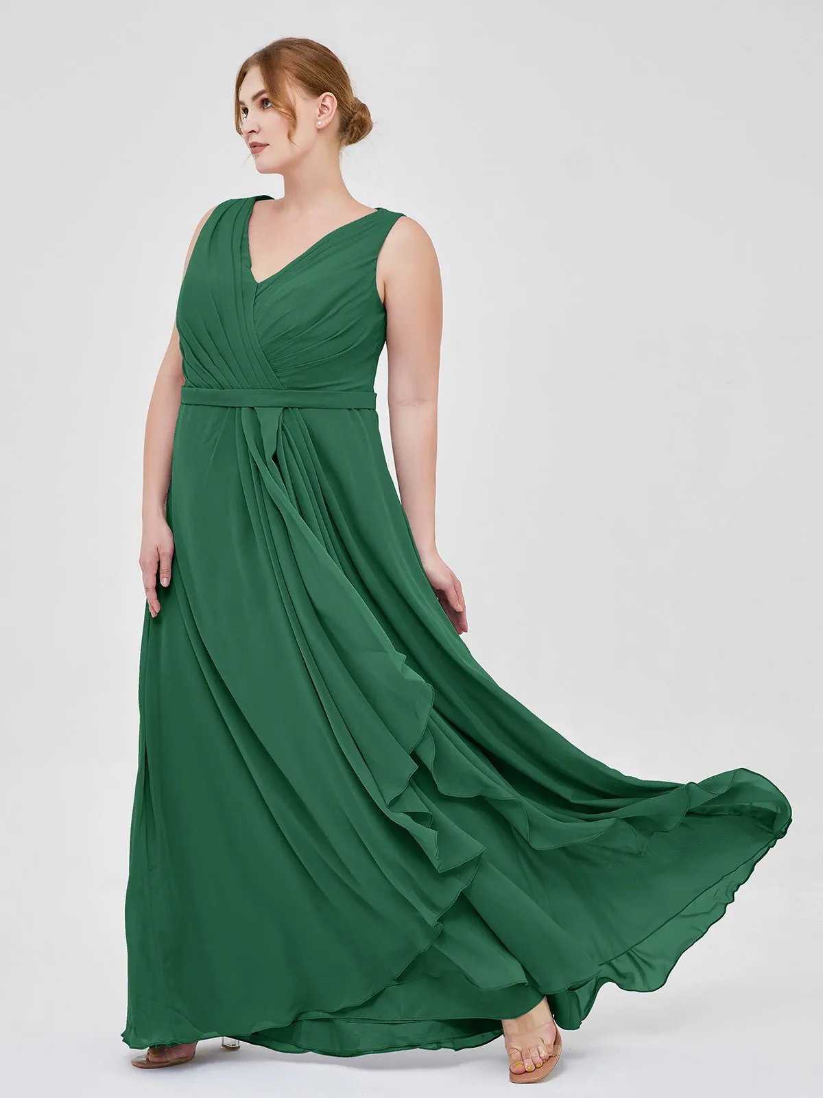 A-line Chiffon Open Back Dress With V-Neck Dark Green Plus Size