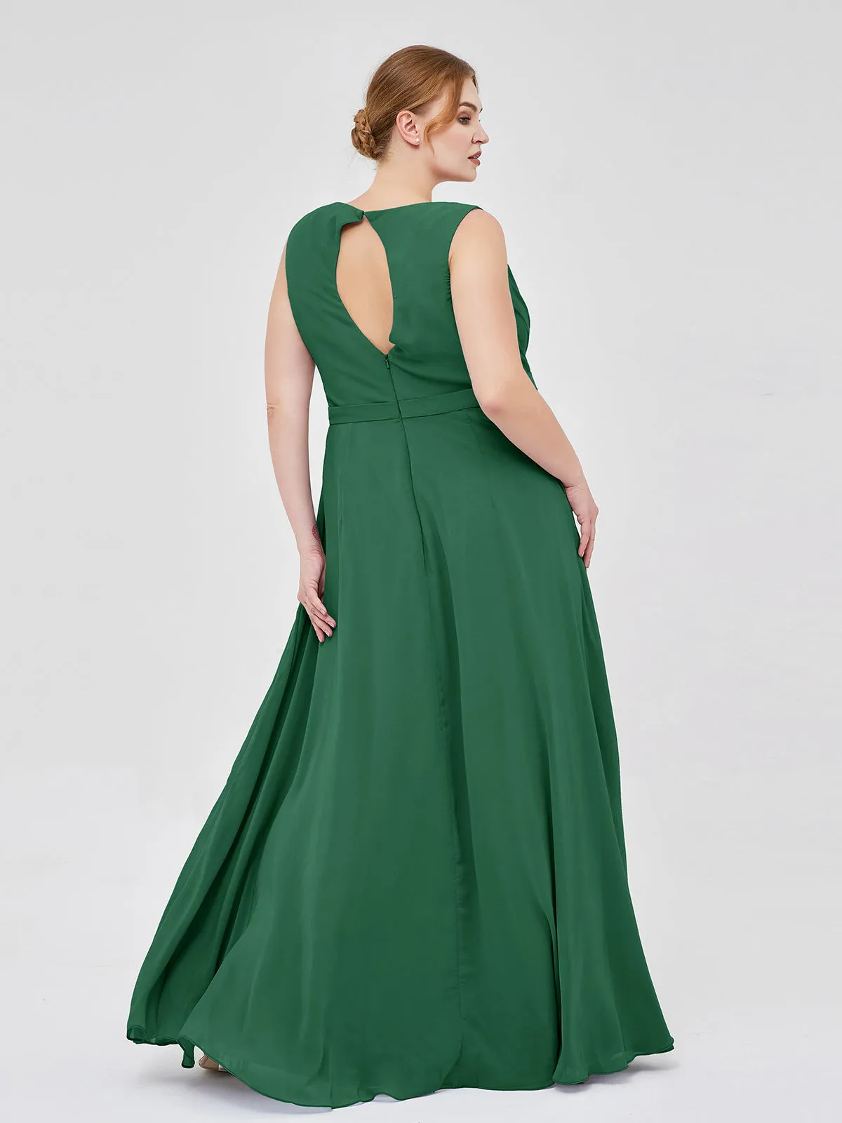 A-line Chiffon Open Back Dress With V-Neck Dark Green Plus Size