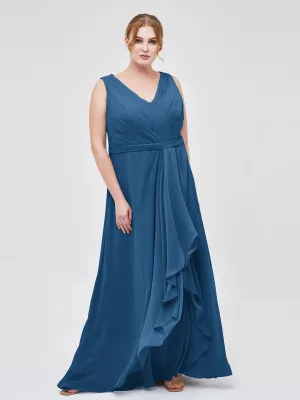 A-line Chiffon Open Back Dress With V-Neck Ink Blue Plus Size