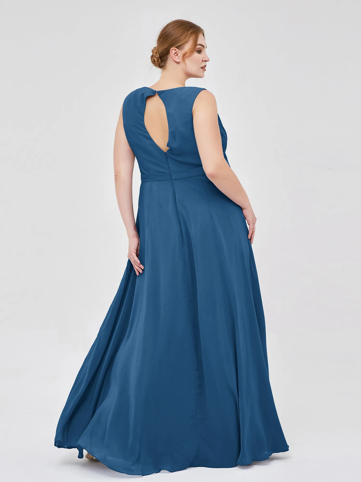 A-line Chiffon Open Back Dress With V-Neck Ink Blue Plus Size