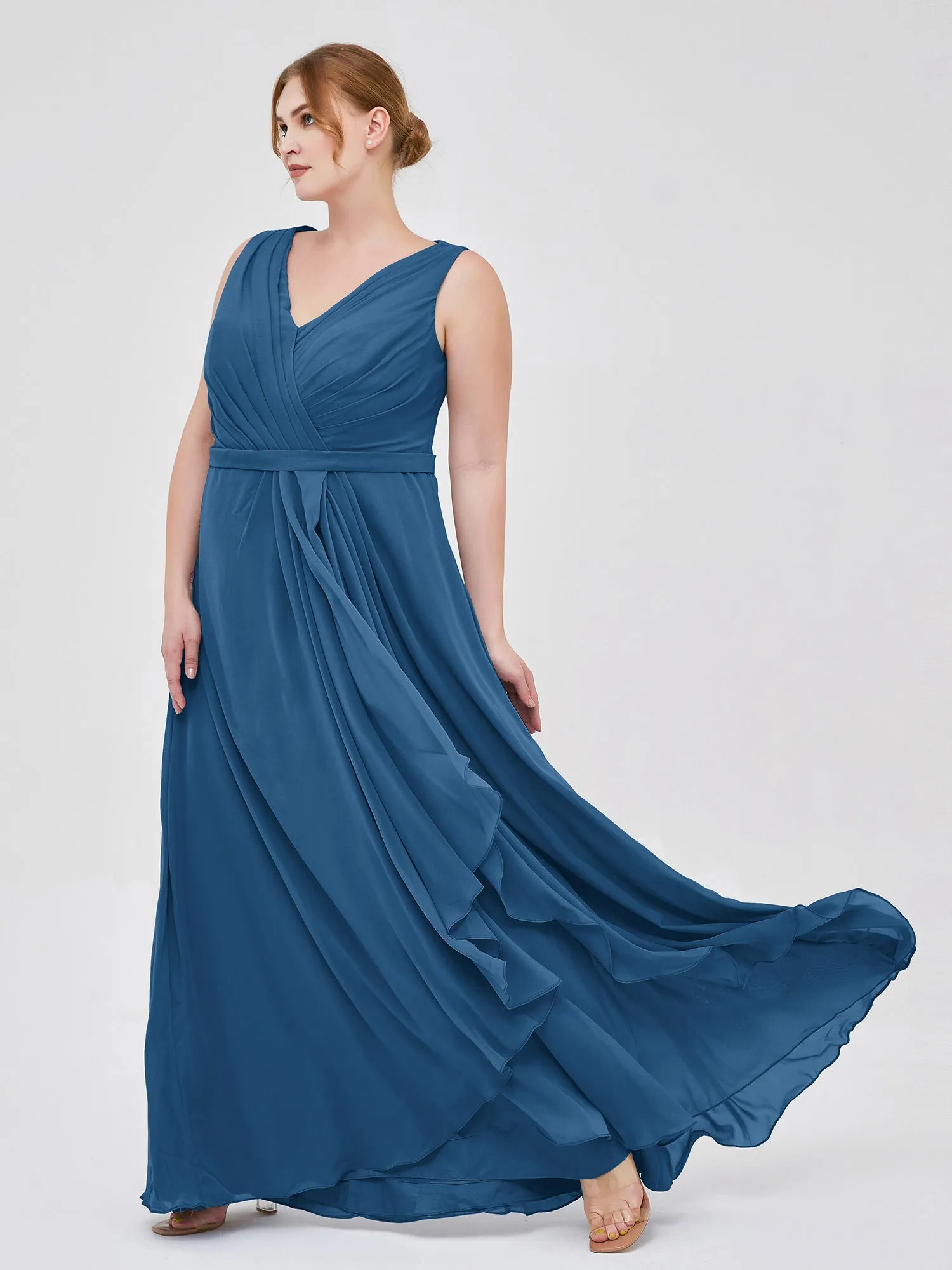A-line Chiffon Open Back Dress With V-Neck Ink Blue Plus Size