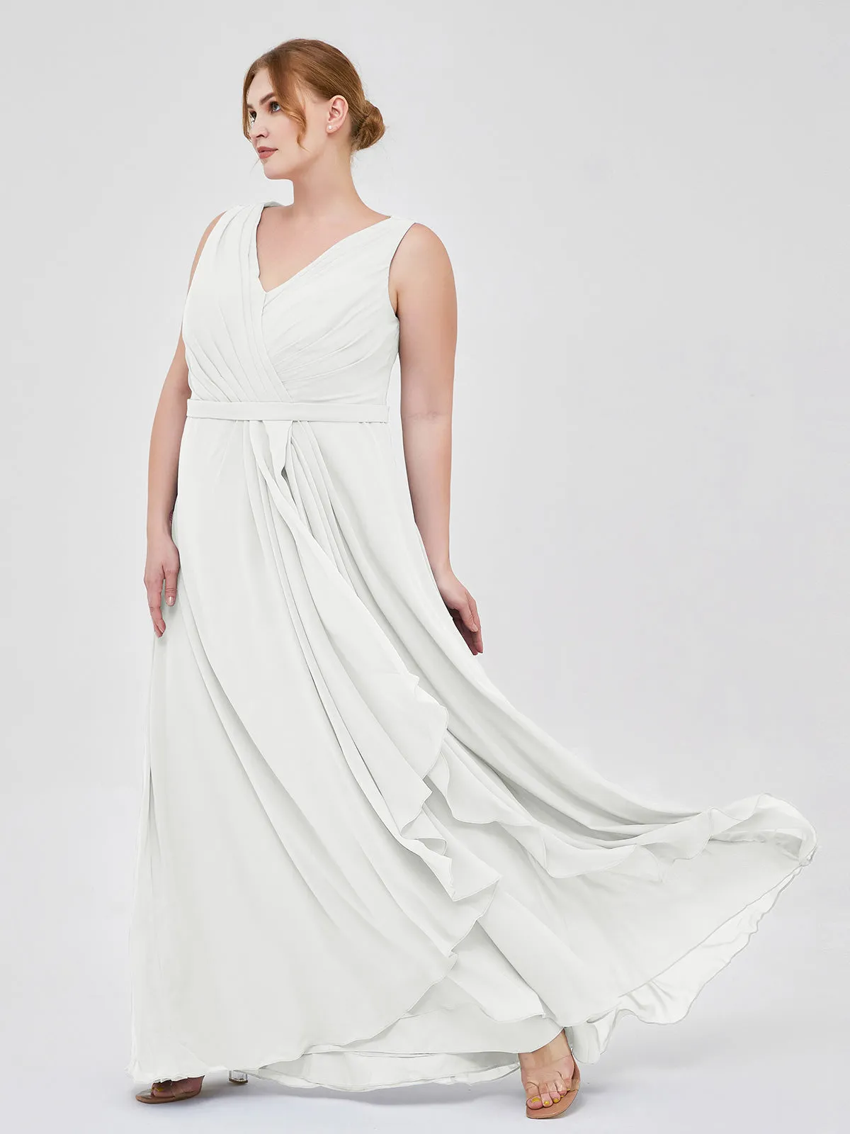 A-line Chiffon Open Back Dress With V-Neck Ivory Plus Size