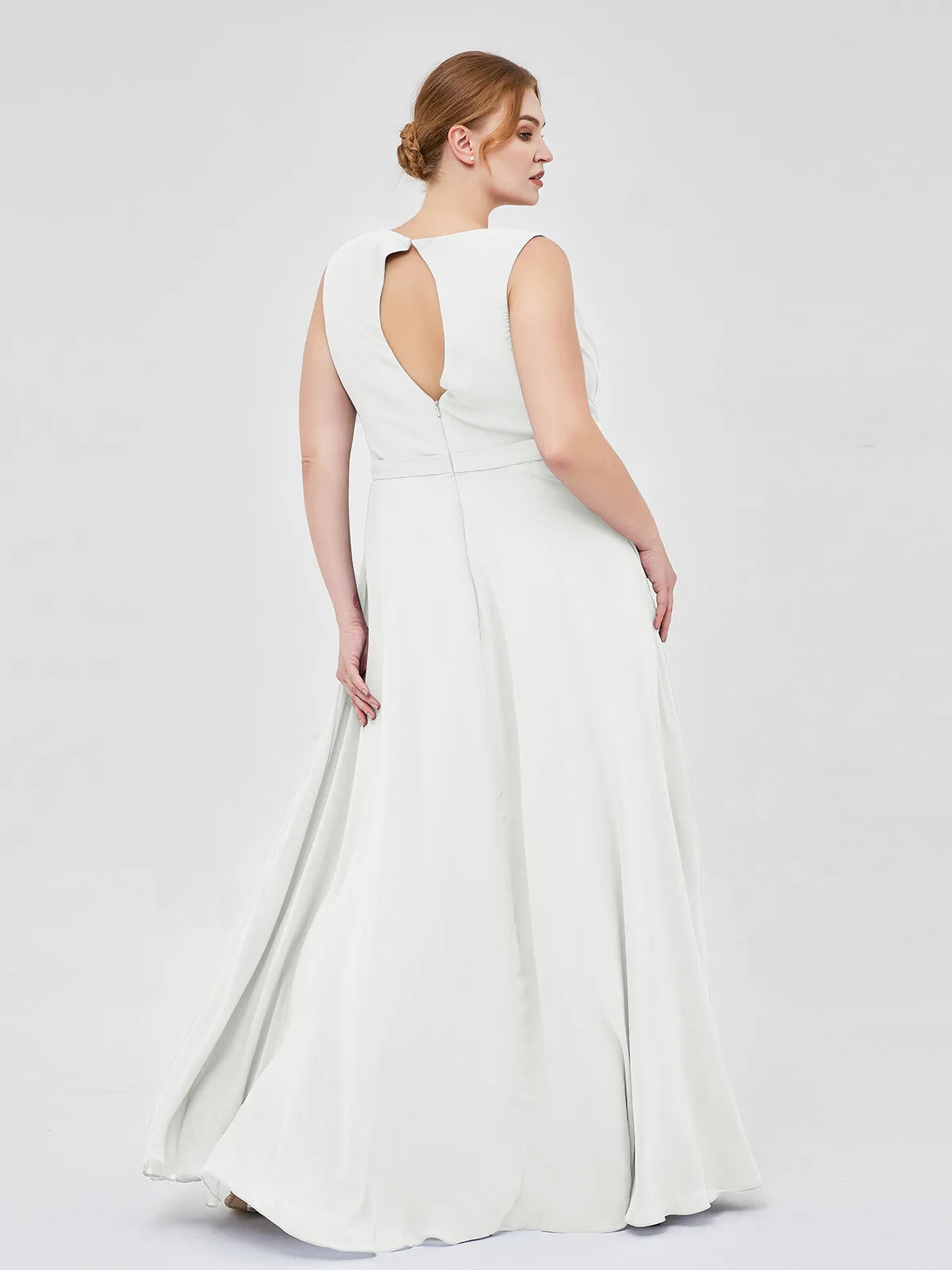 A-line Chiffon Open Back Dress With V-Neck Ivory Plus Size