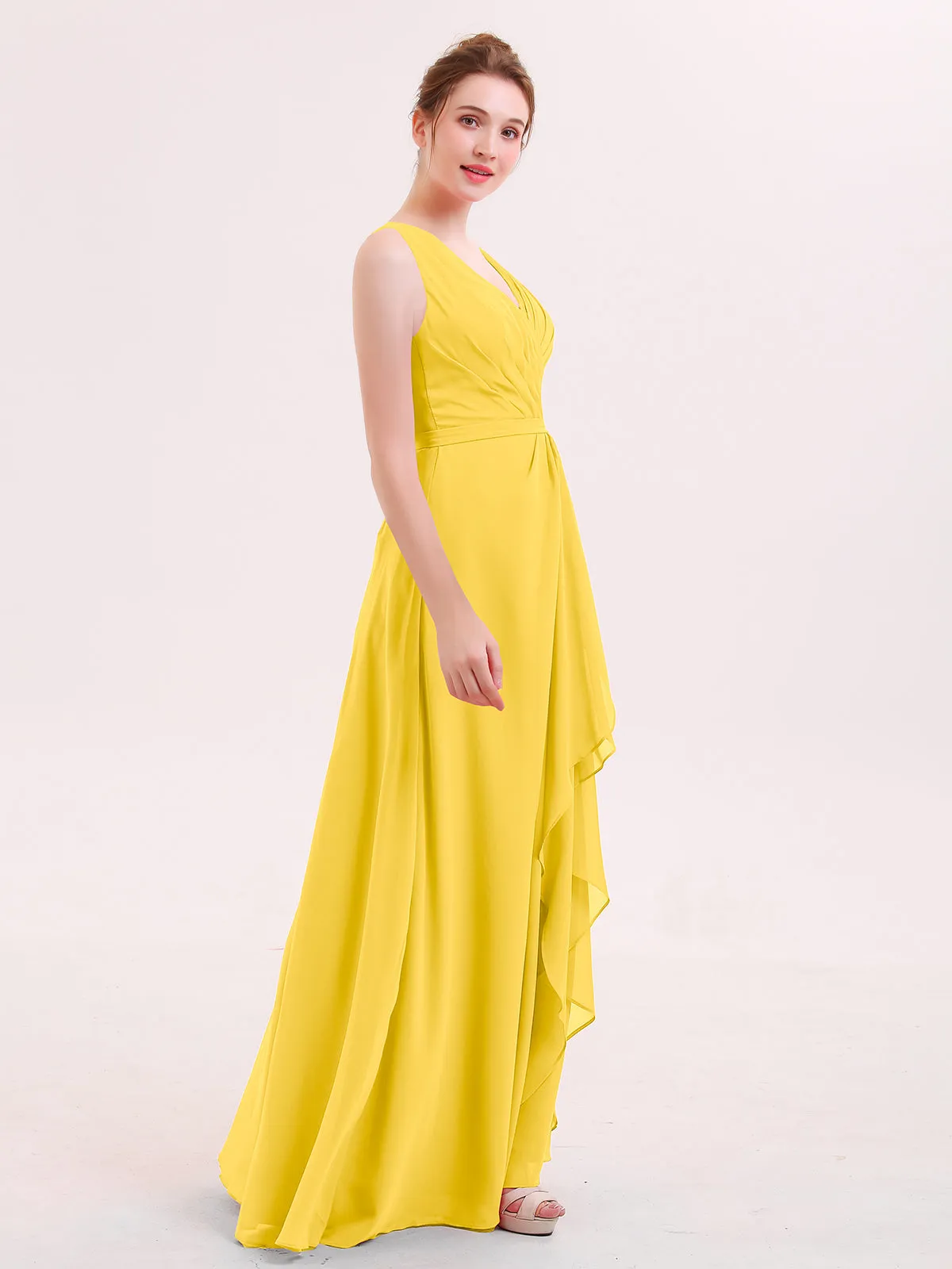 A-line Chiffon Open Back Dress With V-Neck Marigold