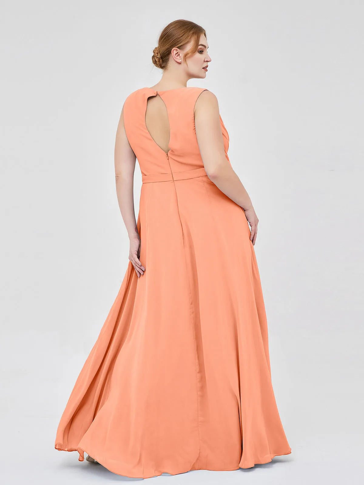 A-line Chiffon Open Back Dress With V-Neck Papaya Plus Size