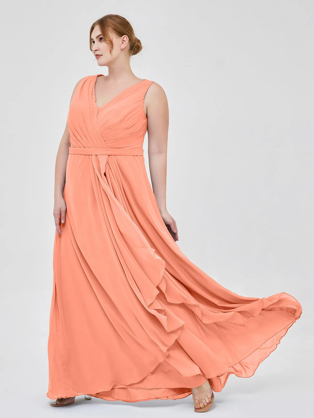 A-line Chiffon Open Back Dress With V-Neck Sunset Plus Size