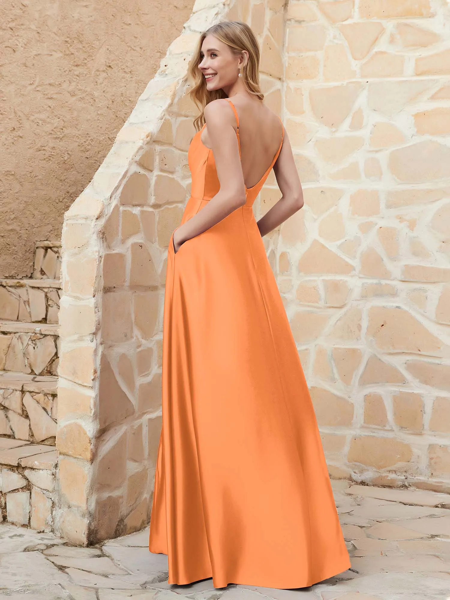 A-line Cowl Neck Satin Dress with Slit Orange