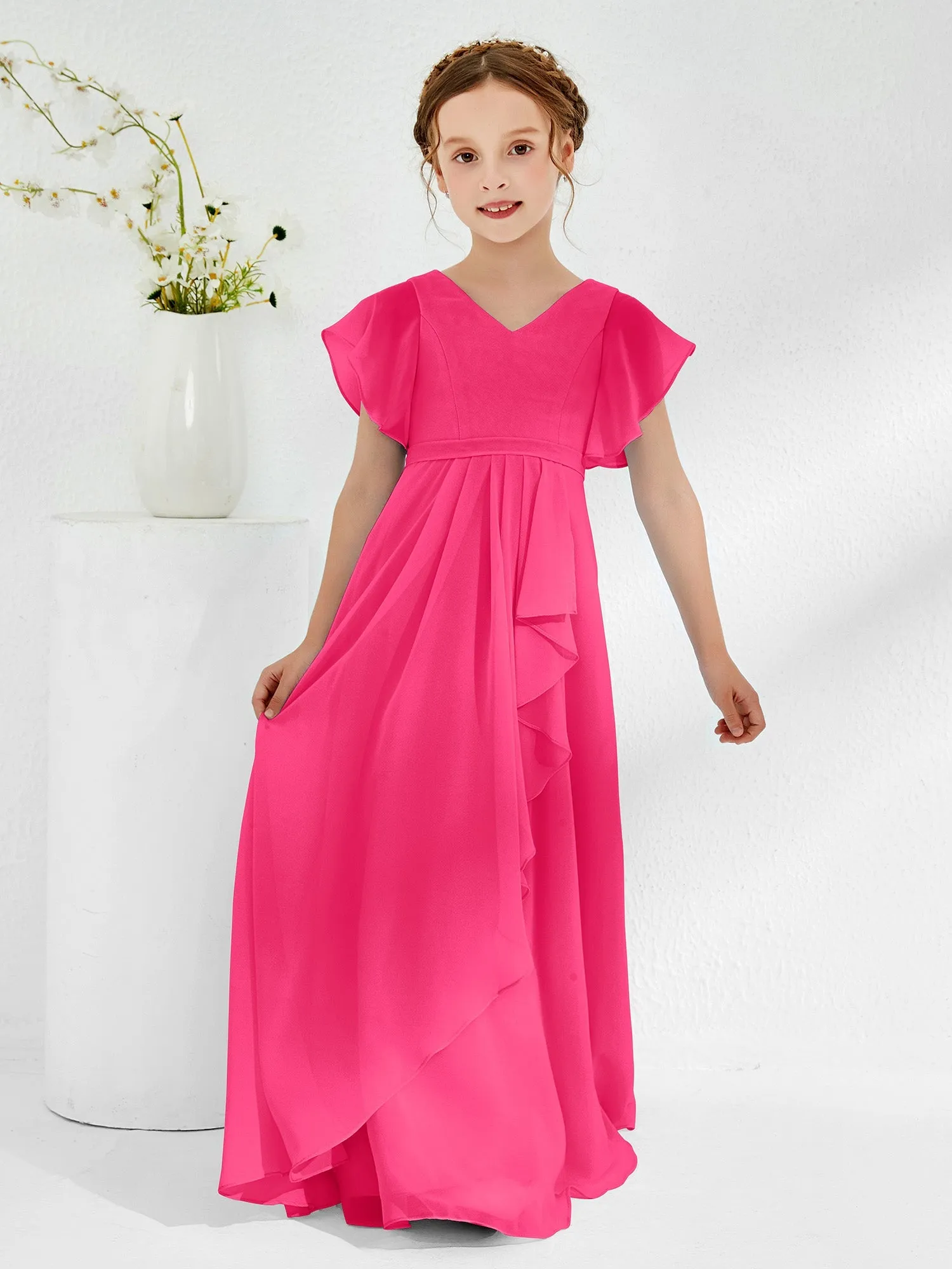 A-line Flutter Sleeves Junior Bridesmaid Dresses Fuchsia