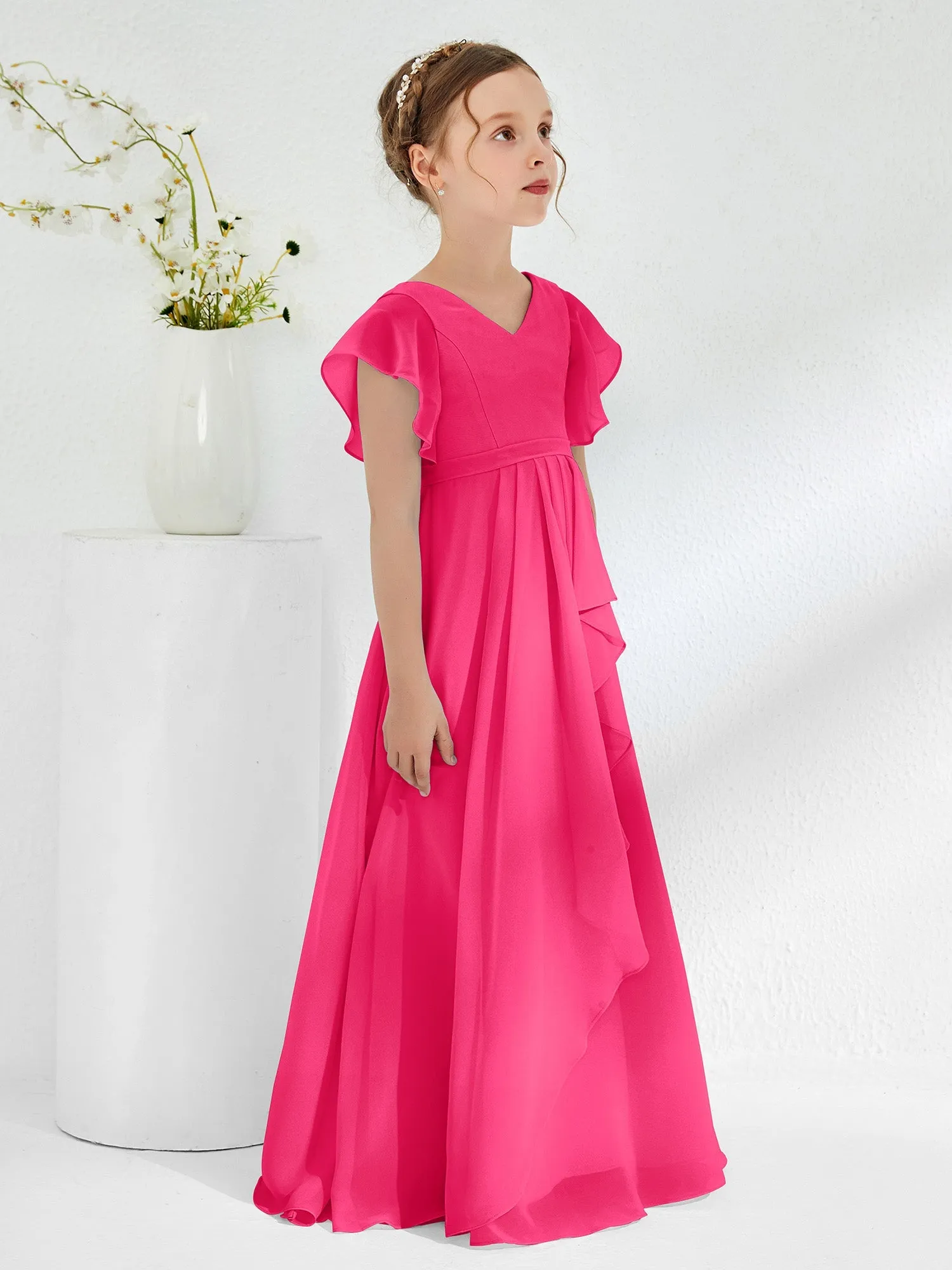 A-line Flutter Sleeves Junior Bridesmaid Dresses Fuchsia