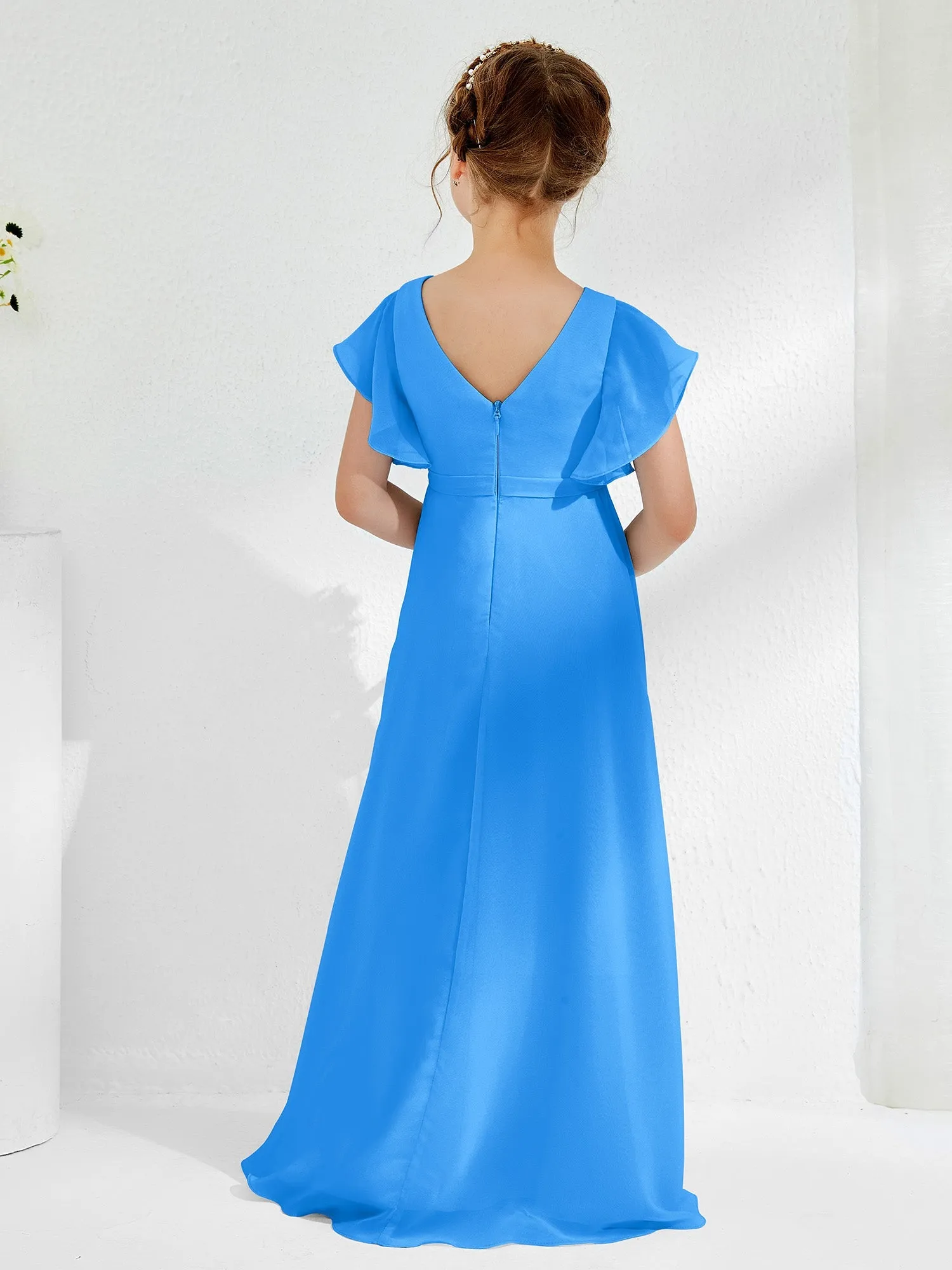 A-line Flutter Sleeves Junior Bridesmaid Dresses Ocean Blue