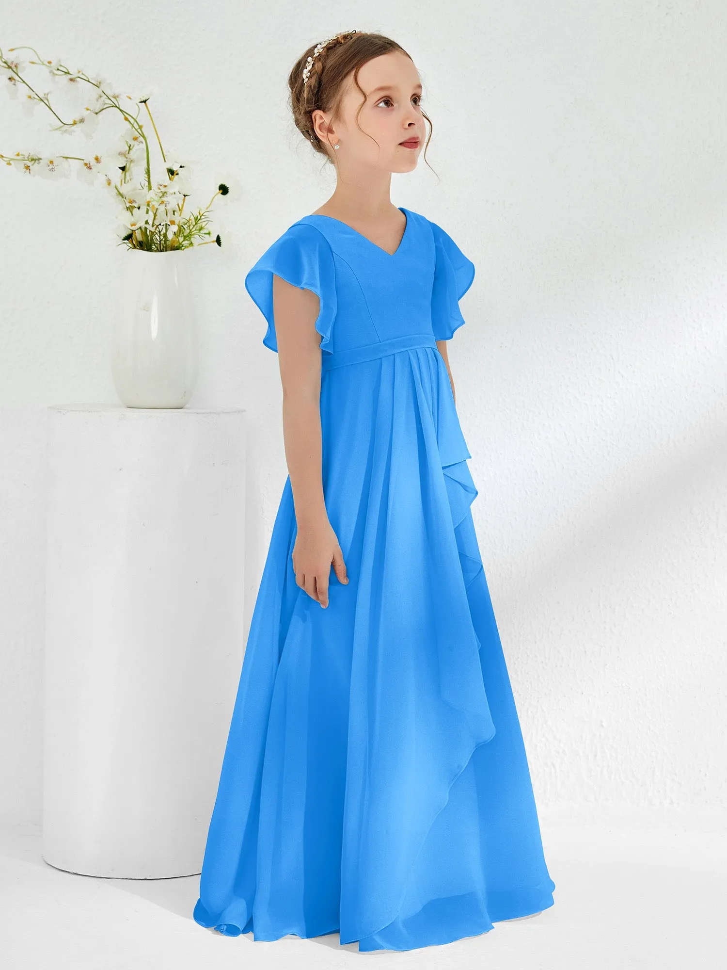 A-line Flutter Sleeves Junior Bridesmaid Dresses Ocean Blue