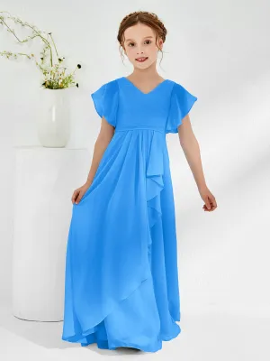 A-line Flutter Sleeves Junior Bridesmaid Dresses Ocean Blue