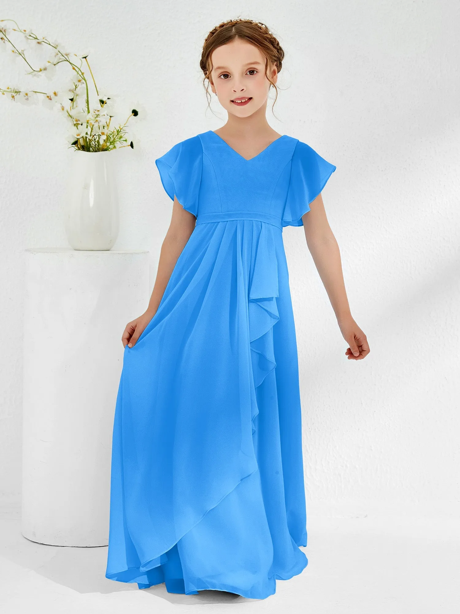 A-line Flutter Sleeves Junior Bridesmaid Dresses Ocean Blue