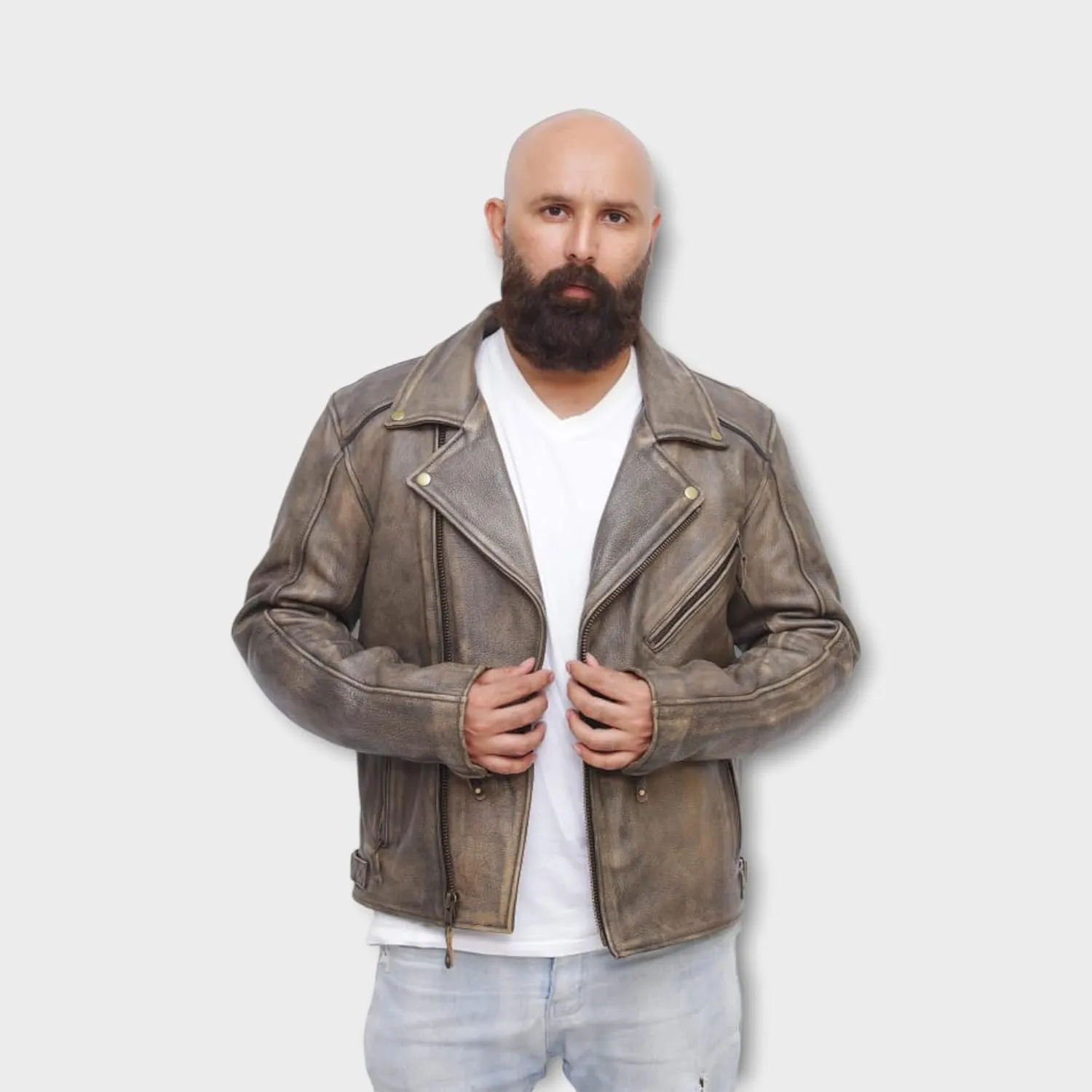 A&H Apparel - Men's Motorcycle Genuine Cowhide Leather Jacket: Classic Style in Genuine Cowhide Leather with Zip-Out Lining (Distressed, L)